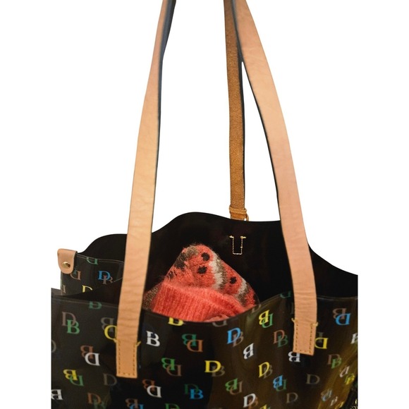 Dooney & Bourke Black Multicolored Logo Vinyl Tote Bag Heart Charm - Picture 5 of 8